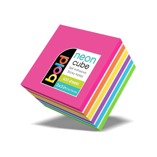 iScholar IQ Neon Sticky Notes Cube, 3 x 3 Inches, Assorted Colors, 400 Sheets (34003)