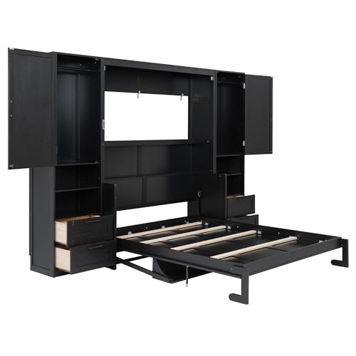 Image of Merax Queen Size Murphy Bed with Desk, Multifunctional Foldable Wall Bed with Closet, Drawers and Shelves, Space-Saving Wood Bed Frame for Small Space Studio Study Office Guest Room, Black(Oak Veneer)