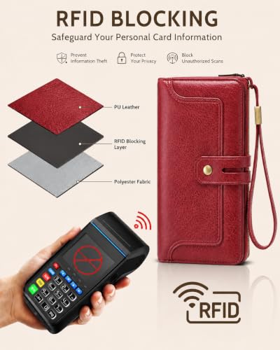 Image of Womens Wallet Rfid Blocking Bifold Leather Wristlet Cute Long Clutch Red | Large Capacity Card Holder Wallet Purse with Zipper,ID Window,Strap for Female Ladies Teen Girls