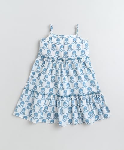 Image of The Magic Wand Kids Girls Printed Cotton Summer Dresses, Knee Length Sleeveless Casual Western Stylish One Piece Fit & Flared Frock for Beach & Vacations