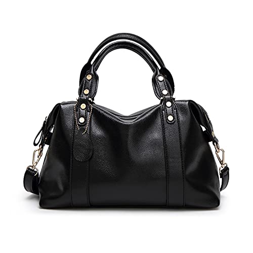 PORRASSO Elegant Ladies Shoulder Crossbody Top-Handle Work Travel Dating Boston Bag - Waterproof PU Leather Black