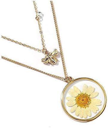 KOEDLN Double Layers Daisy Bee Pendant Necklace Dried Flowers Resin Sunflower Collar Necklace for Women Girls