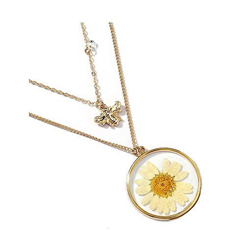 Koedln Double Layers Daisy Bee Pendant Necklace Dried Flowers Resin Sunflower Collar Necklace For Women Girls #TOP1