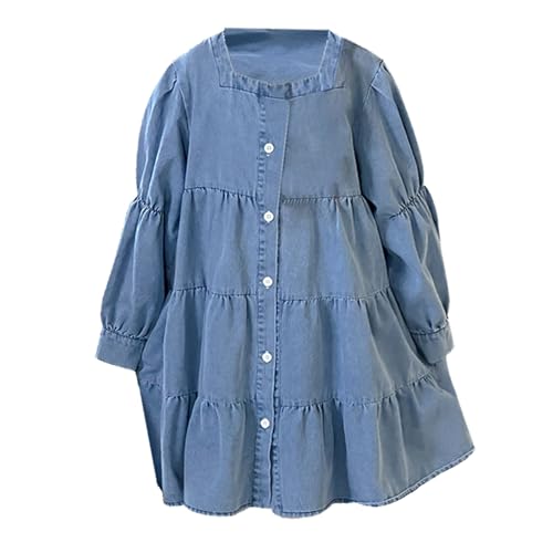 Girls Thin Long Sleeve Denim Dress Square Collar Loose Casual Flowy Swing Jean Dress with Button for Kids 2024