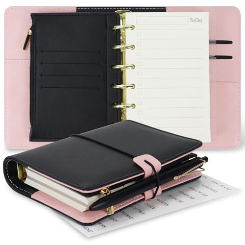 Koqye A7 Refillable Planner Small Binder Notebook 6 Ring Portable PU Leather Organizer with Zippered Pocket To-Do & Blank Refill Papers Dividers Monthly Sticker Pen for Students Professionals Travel (Black & Pink)