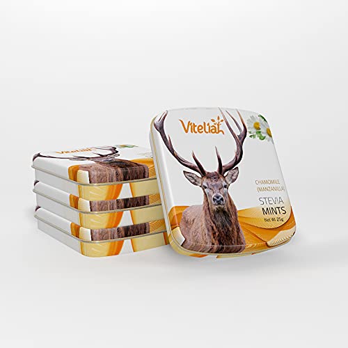 Viteliah Chamomile Breath Mints – Sugarless Stevia Candy with No Calories – Keto and Diabetic Friendly – Dentist Recommended Candy – 4 Metallic Tin Boxes – Fresh Breath, Pleasant Taste