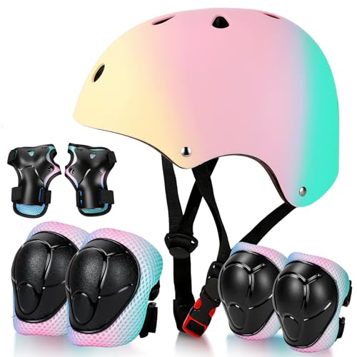 Image of Kids Bike Helmet Set Adjustable for Children, Boys, Girls and Teenagers Aged 3-14 Years Includes Elbow, Knee, Wrist Guards Children's Helmet Protection Set for Bikes SkateboardsRollerskates