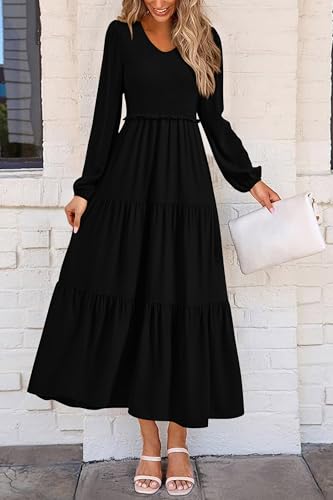 Image of PRETTYGARDEN Fall Dresses for Women 2025 Casual Long Sleeve V Neck Smocked A Line Long Flowy Wedding Guest Dress