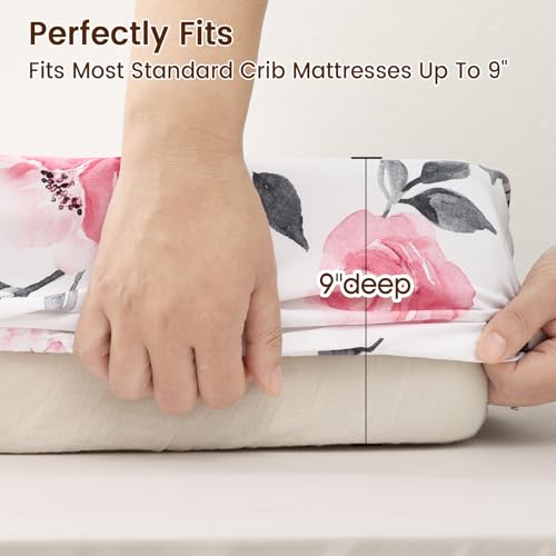 Image of PHF Soft Crib Sheet Fitted, 2 Pack Baby Sheets for Girls, 28x52x9in Fits Standard Crib and Toddler Mattresses, Silky Comfy Breathable Polyester Baby Mattress Sheets, Pink Floral