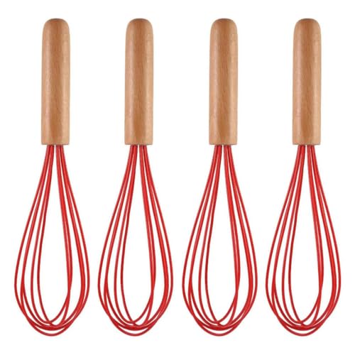 Ousyaah Silicone Whisk (4-Pack), Wooden Handle Manual Kitchen Whisks for Cooking, Classic Balloon Egg Beater Whisks, Suitable for Blending, Whisking, Beating, Frothing and Stirring (Red*4)
