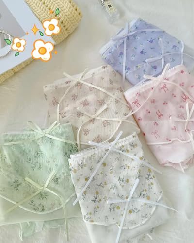 Cute Floral Underwear for Schoolgirls,Cottagecore Summer Panties for Teen Girls,Mid Waist Mesh Bow Decor,4-Pack4