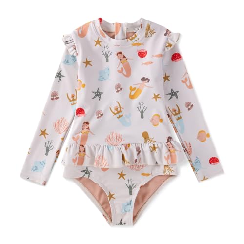 Image of Girls One Piece Swimsuits Zipper Rash Guard Long Sleeve Bathing Suit with Ruffle Hem UPF50+