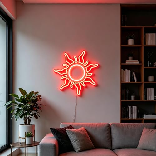 Image of Sun Neon Sign, USB Powered Dimmable Neon Light, Home Bedroom Game Room Cafe Bar Party Decor, Modern Style Wall Art, Gift for Teens Boys Girls, 11.8 Inch Red LED Light Up Decorative Sign