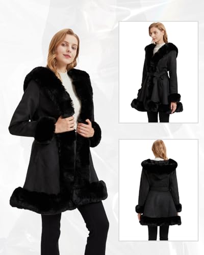 GRAN ORIENTE Suede Jacket for Women with Faux Fur Collar,Long Sleeve Warm Winter Parka Coat with Belt Outerwear3