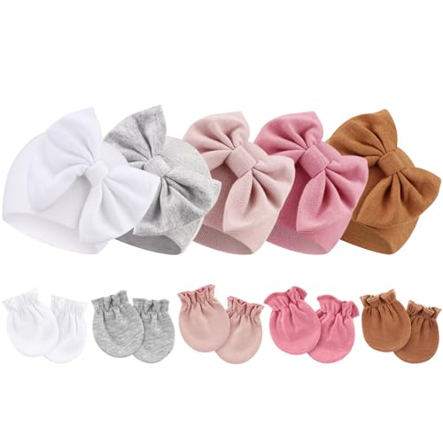 Image of BQUBO Newborn Baby Girls Hats Mittens Set Hospital Hat Beanie Infant Bow Hats Baby Cotton Gloves for 0-6 Months