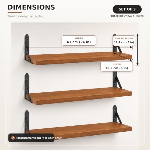 Image of Decazone Floating Shelves for Wall Storage - Set of 3, MDF Board Bookshelves for Living Room, Bedroom, Kitchen & Office - Sturdy Wall-Mounted Display for Bookcase & Decor (Brown, Wide- 24 inch Inch)