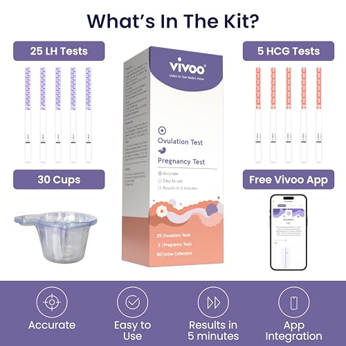 Image of Vivoo Ovulation Test Strips and Pregnancy Test Kit - 25 LH Ovulation Tests + 5 HCG Pregnancy Tests + 30 Cups | 99.1% Accurate | 5-Min Results | Free App Cycle Tracker