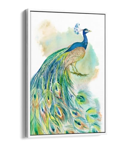 Toile paon aquarelle de qualité supérieure sous cadre blanc chic
