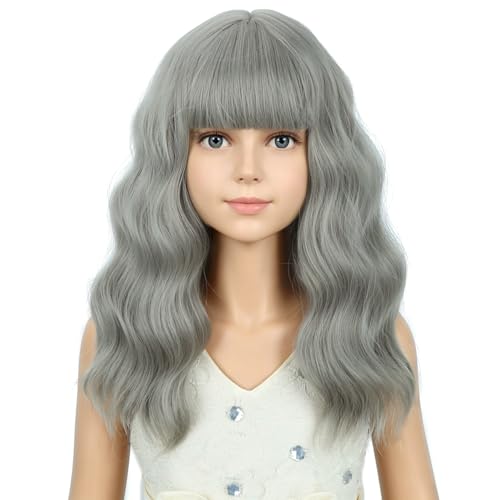 Image of PATTNIUM Gray Wig Short Curly Wigs with Bangs Grey Shoulder Length Wavy Heat Resistant Synthetic Wig