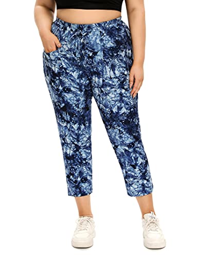 AMZ PLUS Women Plus Size Capri Yoga Jersey Pants Drawstring Loose Jogger Running Tapered Pants with Pocket Capri Navy Tie Die 4XL