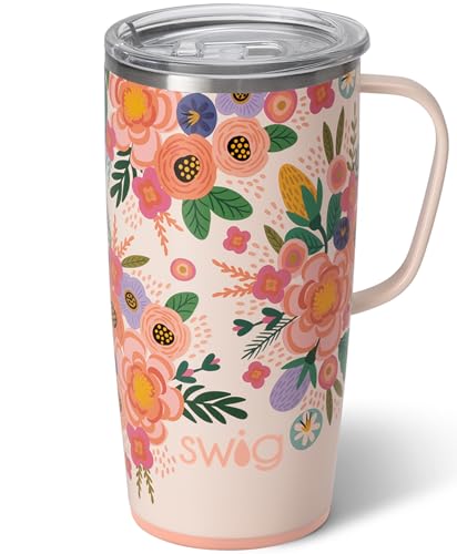 Rifle Paper Co Travel Mug: Stylish, Insulated, and Perfect for On-the-Go 7 Swig Life 22oz Travel Mug, Insulated Tumbler with Handle and Lid, Cup Holder Friendly, Dishwasher Safe, Stainless Steel, Floral Mug, Flower Tumbler, Mothers Day Gifts for Mom (Full Bloom)