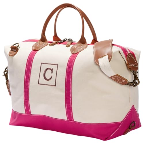 Personalization Universe Initial Weekender Embroidered Canvas Duffel Bag- Pink