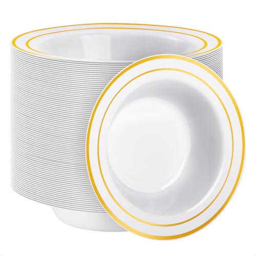 Goodluck 100 Pack Plastic Bowls with Gold Rim, 12oz Disposable Soup Bowls, Heavy Duty Dessert Bowls for Weddings, Parties, Dinners, Catering, Thanksgiving and Everyday Use