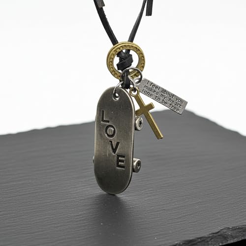 Image of THE MEN THING SILVER SKATE LOVE - 2-Inch Pure Stainless Steel Pendant with Adjustable Dark Brown Leather Rope for Men & Boys