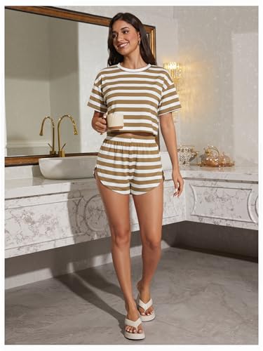 Image of OYOANGLE Womens Pajama Sets 2 Piece Sexy Lounge Sets Summer Cute Pjs Striped Print Tee and Side Split Shorts Set