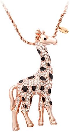 SENFAI Giraffe Deer Pretty Black Enamel Crystal Sweater Pendant Necklace Three Color (Rose Gold)