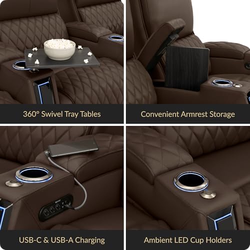Image of Seatcraft Apex Brown Italian Leather Home Theater Seating, Zero Gravity Power Recliner Chair, Powered Headrest and Lumbar Gaming and Lounge Sofa Furniture for Cinema Room, Row of 2 Loveseats