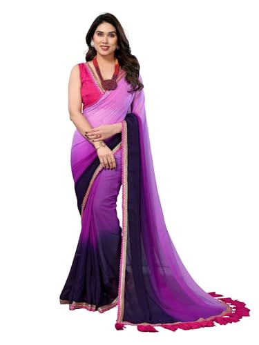 Image of RAJESHWAR FASHION WITH RF Women's Fancy Desian Ombre Georgette Saree For Women With Latkan Tassels Lace Border & Unstitched Blouse