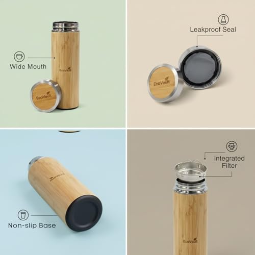 Image of Bamboo Water Bottle with Inner Stainless Steel Flask with Tea Strainer | 450ml Capacity | for Office, Travel, School & Home | Durable & Suitable for All