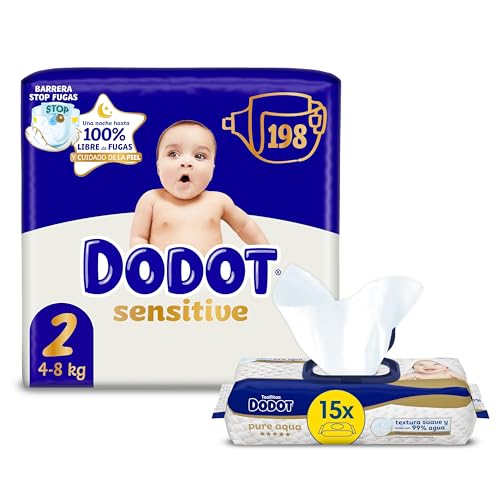 Dodot Bebé Sensitive Talla 2 Diaper Pack with Pure Aqua Wipes - Newborn Care Bundle (198 Diapers + 900 Wipes)