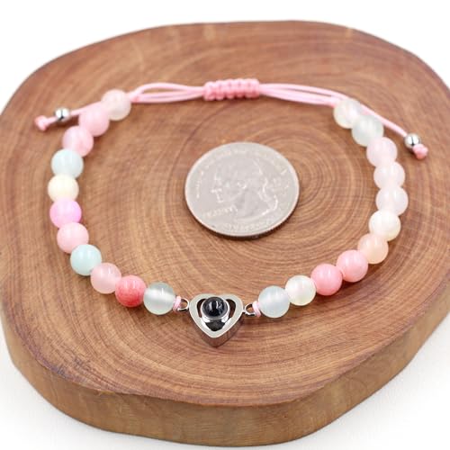Image of Uloveido Mom Daughter Natural Stone Bracelets Gift - I Love You 100 Languages Bracelets Heart Charm Projection Bracelets Set for Mothers Daughters of 1 2 3pc YA4748
