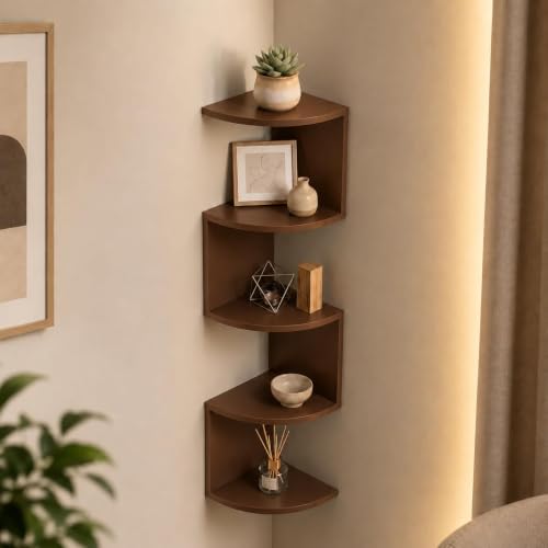 Image of Elcom Corner Wall Mounted Shelf for Living Room | Modern Wooden Corner Rack for Bedroom, Office & Home Decor | Space Saving Floating Display Shelf for Books, Plants, Photos & Decorative Items (Brown)