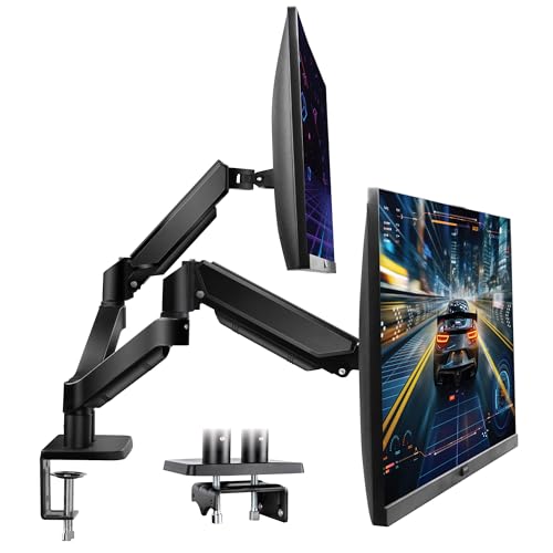 Futura Dual Monitor Arm Desk Mount Gas Spring Adjustable Stand for 13-32 Inch Screens VESA 75x75 & 100x100mm Holds Up to 9kg Each Arm Full Motion Tilt Swivel Rotation Clamp & Grommet Mount