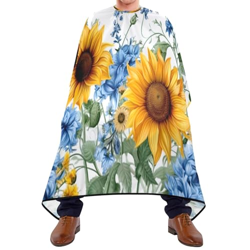 Capa de corte de cabello impermeable profesional MAOBLYR de girasoles y campanillas azules (3) con cierre ajustable de broche para peinados en barbería
