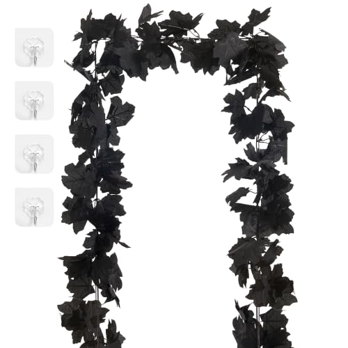 AWARDSEN 13 FT Black Garland Halloween 2pcs Artificial Black Maple Leaf Garlands Fall Leaves Vines for Autumn Thankgiving Halloween Decoration for Home