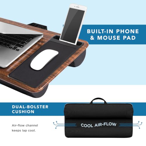 Image of LAPGEAR Home Office Lap Desk - Dark Espresso Woodgrain, Fits 15.6 inch Laptops | Built-In Mouse Pad & Phone Slot, Integrated Device Ledge, Dual-Bolster Microbead Cushion, Carry Handle