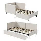 LIKIMIO Twin Daybed with Storage Drawers & Safety Rails, Corner Bed Frame with Headboard for Small Space, Guest Room & Family Room, Convertible Sofa Bed, Beige Fabric
