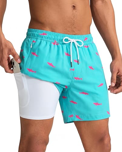 maamgic Mens Swim Trunks with Compression Liner 5" Stretch Beach Shorts Quick Dry with Zipper Pockets No-Chafing Board Shorts