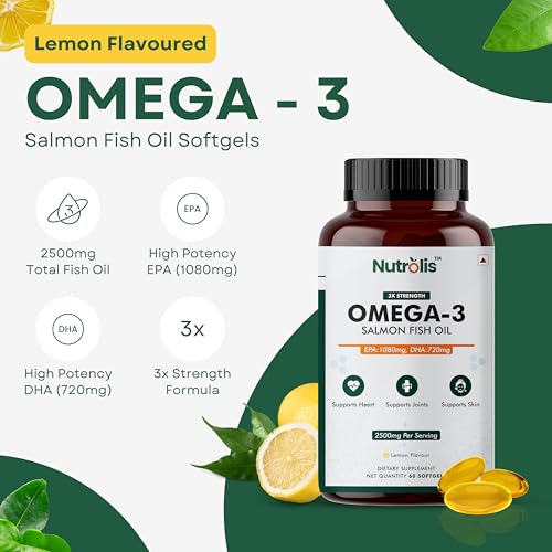 Image of Omega-3 Salmon Fish Oil Capsules 2500mg - Lemon Flavour Triple Strength Supplement for Heart, Brain, Joint Health, Cholesterol Management & Immune Support | 1080mg EPA and 720mg DHA | - 60 Softgels