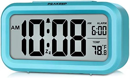 Peakeep Smart Night Light Digital Alarm Clock with Indoor Temperature, Battery Operated Desk Small Clock (Blue)