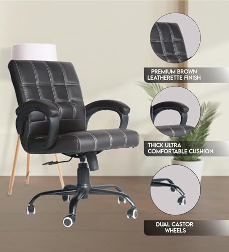 Image of NEWTURN Funk Leatherette Executive Chair: Brown, Medium Back, Ergonomic, Adjustable Height /Tilt, Heavy Duty Metal Base, Home & Office with 2 Yrs Parts Replc. Warranty