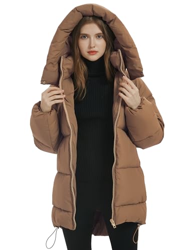 PEHMEA Women Mid-Length Puffer Hooded Jacket Winter Padded Warm Coat Thicken Outerwear Coats(Khaki-XL)2