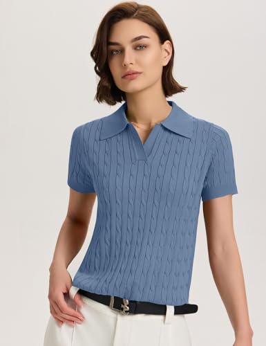 Image of Micoson Womens Short Sleeve Sweater Tops Lapel V Neck Polo Shirts 2026 Summer Cable Knit Loose Blouse Business Casual Outfits