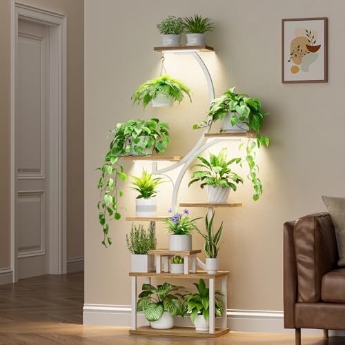Image of BACEKOLL 8-Tiered Plant Stand With Grow Lights - 62 inch Tall Indoor Shelf for Multiple Plants, Metal S-Shaped Flower Holder Rack for Home, Patio (White)