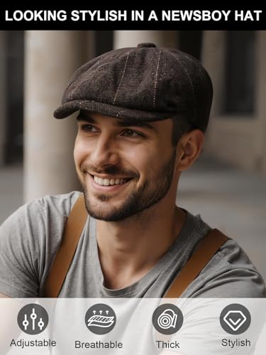 Senker Fashion Newsboy Cap for Men, Irish Newsies Hat Classic 8 Panel Wool Blend for Old Man Cabbie Driving Grey Brown - Thumbnail 6