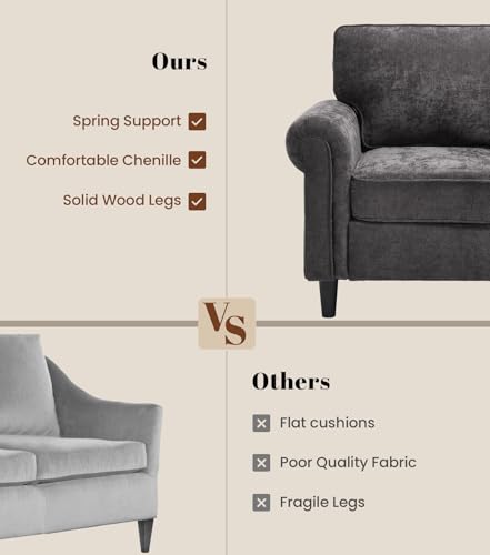 Image of Kingfun Loveseat 2&3 Seater Couch with Chair, Mid Century Modern Chenille Sofa Set with Rolled Arms and Deep Seats, Fluffy Comfort for Living Room, Apartment, Easy Assembly, Grey